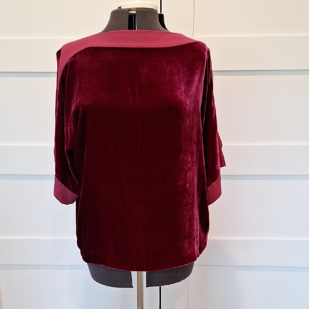 Eileen Fisher Maroon Velvet Top with 3/4 Sleeves, Petite Large
